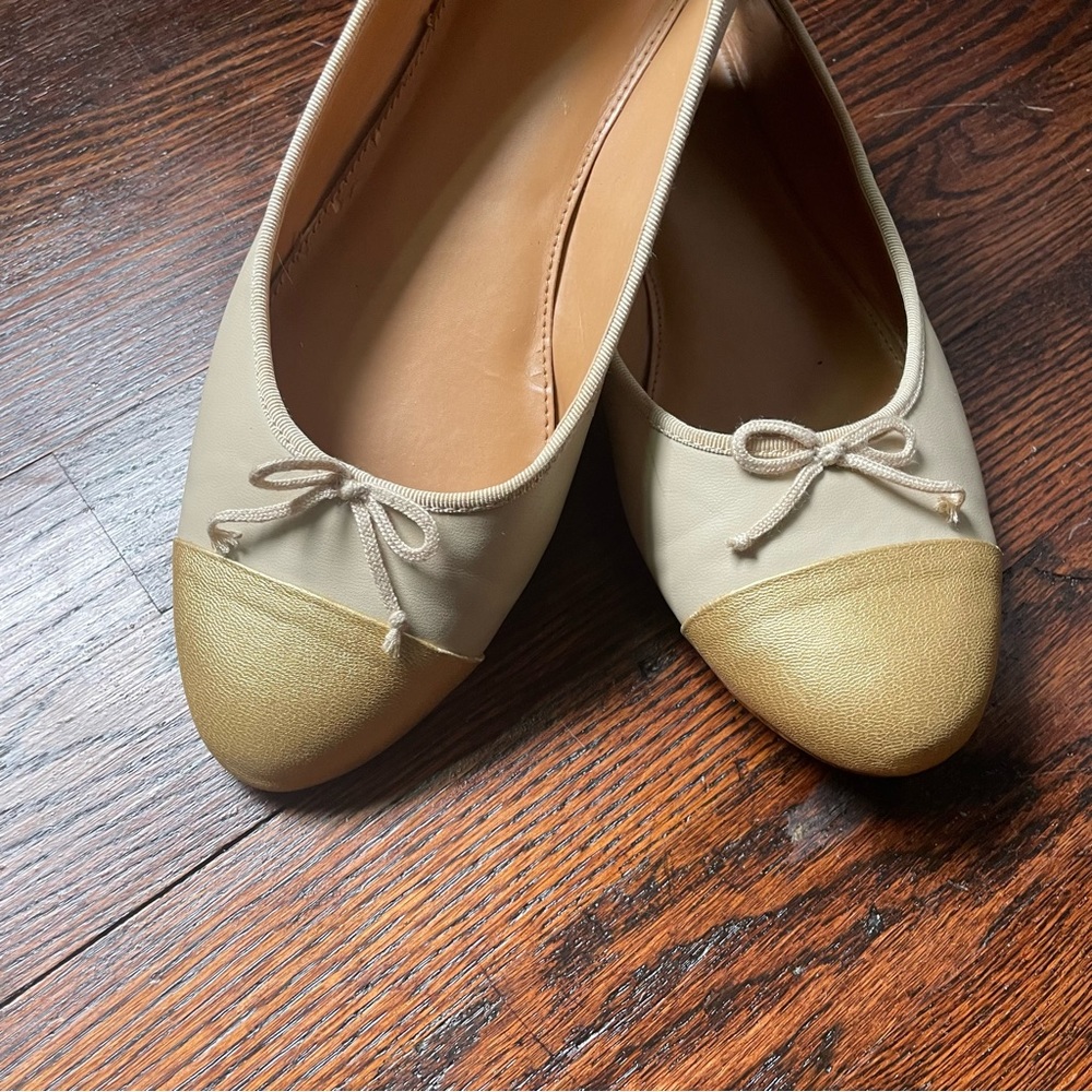 J. Crew Gold Cap Toe Nude Ballet Flats, Size 9